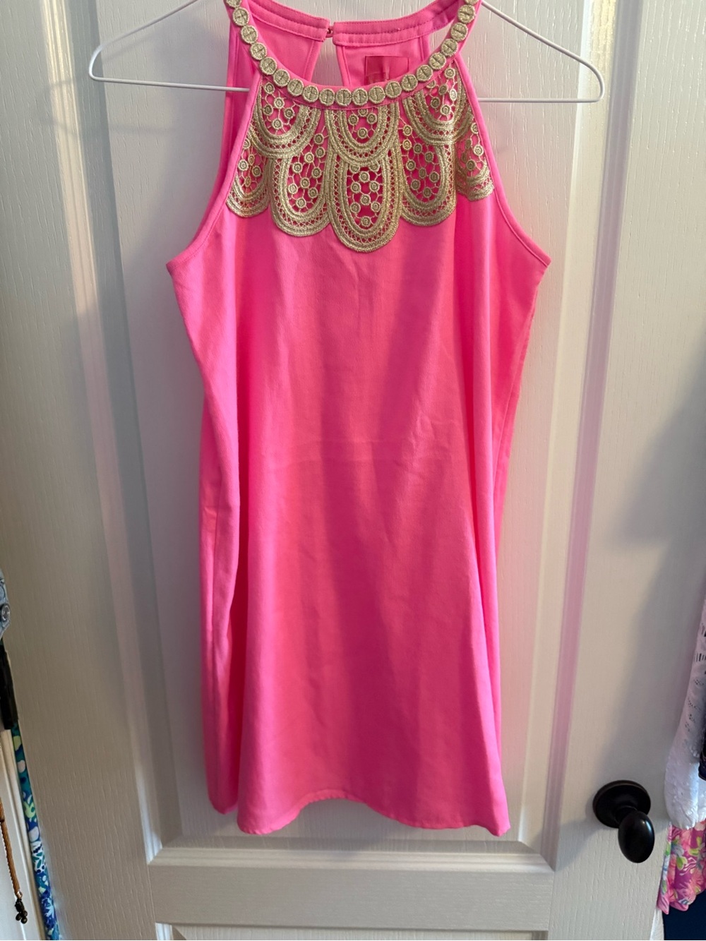 Pearl Soft Shift Dress in Hot Pink Sleeveless Dress with Gold Embellishment